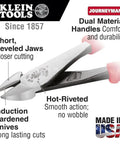 Heavy Duty 8 Inch Diagonal Cutting Pliers With High Leverage Design Made In USA showing short beveled jaws and dual material handles.