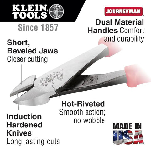 Heavy Duty 8 Inch Diagonal Cutting Pliers With High Leverage Design Made In USA showing short beveled jaws and dual material handles.