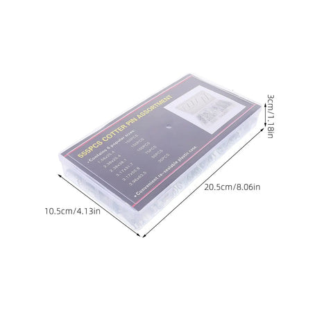 555-Piece Steel Cotter Pin Kit With R-Clip, Hairpin And Spring Pins in a clear plastic case with labeled dimensions