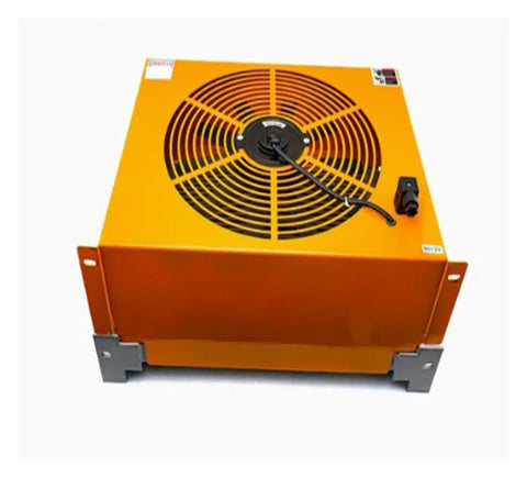 Hydraulic Air Oil Cooler For Industrial Machinery Delivers One Hundred Fifty Liters Per Minute At One Hundred Thirty Watts Heat Exchanger Radiator Fan Cast Iron Construction Heavy Duty Design For Wide Hydraulic System Applications 110 Volt, side view of industrial cooler component.