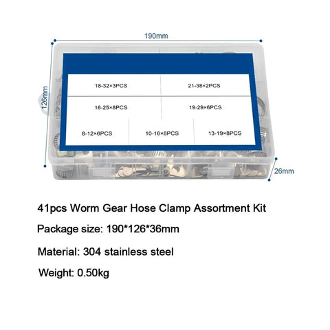 Solid Worm Gear Hose Clips Kit That Adjusts From 8MM To 38MM For Any Plumbing Job Or Car Mechanic Tune Up With Heavy Duty Adjustable Clamps in 41-piece 304 stainless steel case