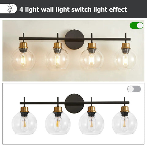 Black And Gold 4 Light Vanity Lights With Clear Globe Shade For Farmhouse Modern Bathroom Over Mirror, illuminated view