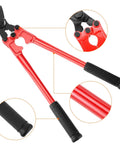 Heavy Duty Strapping Cutter For Steel And Polyester Crafted From High Carbon Steel To Glide Right Through Wide Straps With Zero Hassle, featuring red handles and rubber grip.