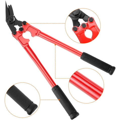Heavy Duty Strapping Cutter For Steel And Polyester Crafted From High Carbon Steel To Glide Right Through Wide Straps With Zero Hassle, featuring red handles and rubber grip.