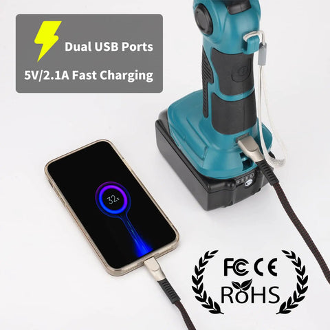 2000 Lumen LED Work Light With 25W Flood Beam, 18V LXT Battery Compatible charging phone via USB.