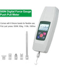 Pro Grade Push And Pull Tester Meter Mini Dynamometer With Four Measurement Units Backlit Display Buzzer Alarm High Accuracy KF-500 Ideal For Lab And Workshop Use Easy Calibration And Real Time Force Reading, with 6 heads
