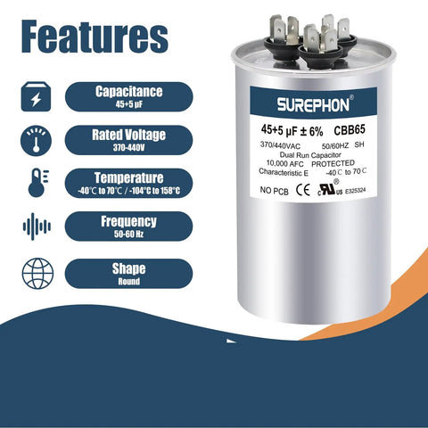 Dual Run Capacitor 45 Plus 5 MFD For HVAC And Air Conditioners 370 To 440 Volt Six Percent Tolerance A Class Long Lasting