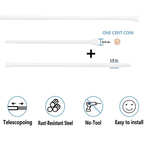 No Drill Adjustable Spring Curtain Rod 28 To 40 Inches White, Fast Install Tension Rod With Durable Suction End Caps, diagram showing sizes