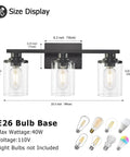 Measurement diagram of Three Light Matte Black Bathroom Vanity Lights With Clear Glass Shades Modern Wall Sconces, E26 base
