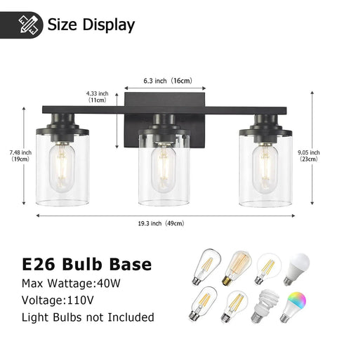 Measurement diagram of Three Light Matte Black Bathroom Vanity Lights With Clear Glass Shades Modern Wall Sconces, E26 base