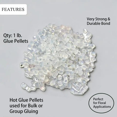 Top Shelf Premium Hot Melt Glue Pellets One Pound Pack, clear pellets, ideal for floral design and group gluing.