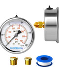 Hansfelds 2.5in liquid-filled pressure gauge, 0-100 psi, back-mount stainless steel case