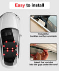 CHIYLE glass roof sunshade for Tesla Model 3, black; installed top-down view with buckle installation steps.
