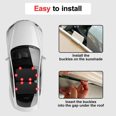 CHIYLE glass roof sunshade for Tesla Model 3, black; installed top-down view with buckle installation steps.
