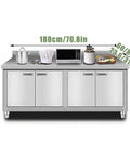 Commercial Grade Stainless Steel Prep Table With Deep Storage Cabinets Tough As Nails Construction For Restaurants Garages Cafes Or Outdoor Workshop Projects 180X80Cm with kitchen utensils and microwave.