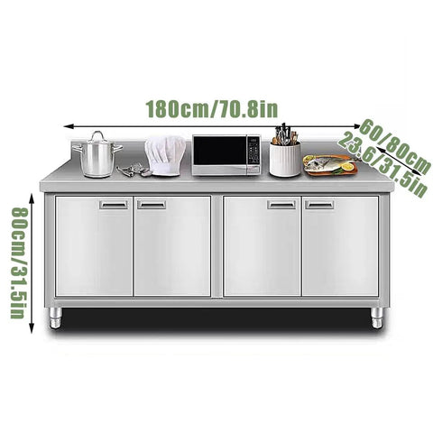 Commercial Grade Stainless Steel Prep Table With Deep Storage Cabinets Tough As Nails Construction For Restaurants Garages Cafes Or Outdoor Workshop Projects 180X80Cm with kitchen utensils and microwave.
