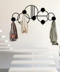Abstract Metal Wall Hanger With Geometric Coat Hooks, Killer Wall Art For Entryway, Modern Silver Coat Rack Organizer, Smooth Operator Hat Stand Holder 53x26 Inches with coats and bags.