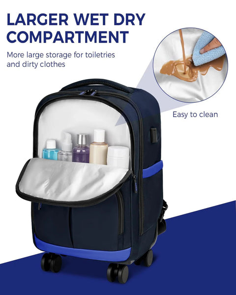 Vierrad-Rucksack mit USB-Ladeanschluss und wasserabweisender Roller , die ein offenes Nass- und Trockenfach zeigt