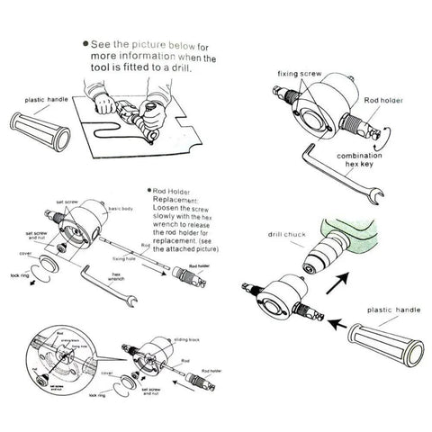 Diagram of Double Headed Metal Nibbler Cutter For Drill With 360 Degree Adjustable Heads showing assembly and installation steps