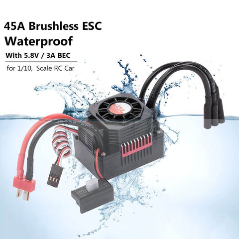 Waterproof 4370KV Brushless RC Car Motor With 45A ESC for 1 Tenth Scale RC Cars and Trucks shown with wires and connectors
