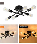Industrial 6 Light Dope Semi Flush Mount Ceiling Light Farmhouse Close To Ceiling Fixture In Matte Black in various lighting settings