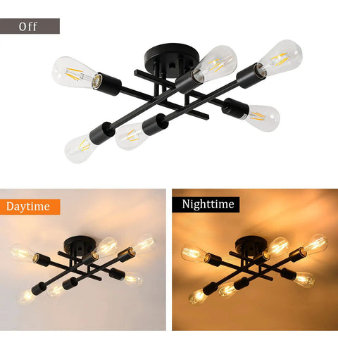 Industrial 6 Light Dope Semi Flush Mount Ceiling Light Farmhouse Close To Ceiling Fixture In Matte Black in various lighting settings