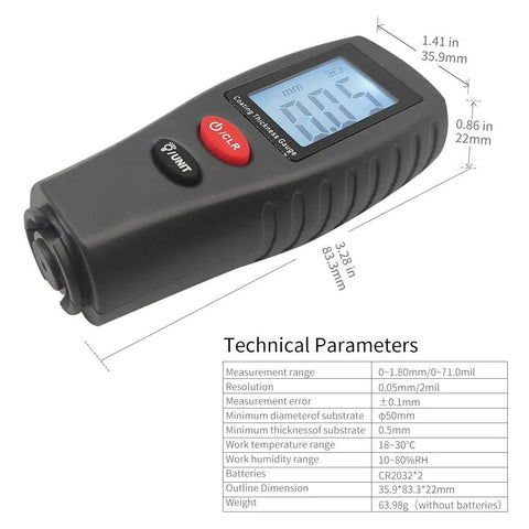 Automotive Paint Thickness Tester Gauge With High Contrast Backlit LCD 2 Mil Resolution Auto Power Off Auto Digital Calibration Data Hold Mini Size Measures Car Coatings Non Destructively Dual Unit MM Mil, black mini gauge