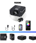 Car And Home Starlight Headliner Kit With 16W High Power RGBW Fiber Optic Lights, remote, and app shown in packing layout