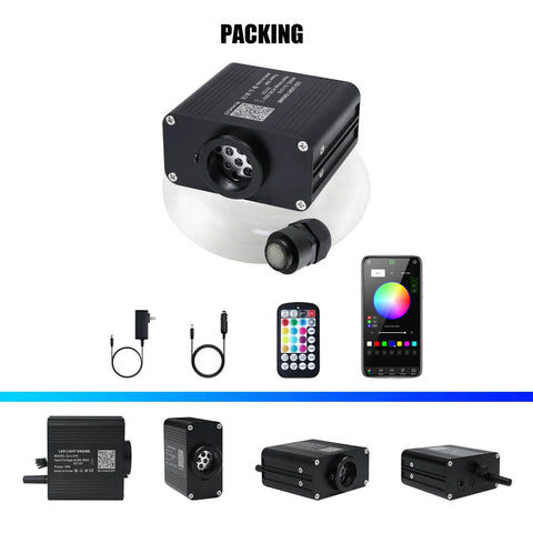 Car And Home Starlight Headliner Kit With 16W High Power RGBW Fiber Optic Lights, remote, and app shown in packing layout