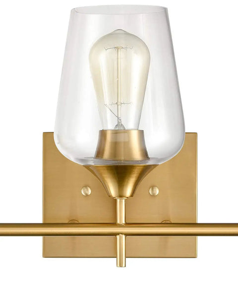 Industrial 4 Light Vanity Fixture With Clear Glass Bath Wall Sconces In Dope Gold Finish showing a single bulb and sleek glass shade.