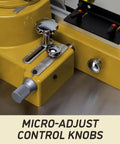 Rock Solid Shop Beast Five Horsepower Spindle Shaper With Massive Cast Iron Bed Digital Depth Gauge showing micro-adjust control knobs.