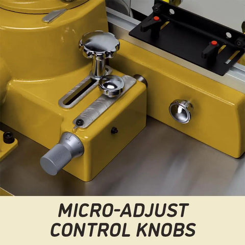 Heavy Duty 5 HP Spindle Shaper With Cast Iron Base And Digital Readout For Zero Error Cutting includes micro-adjust control knobs.