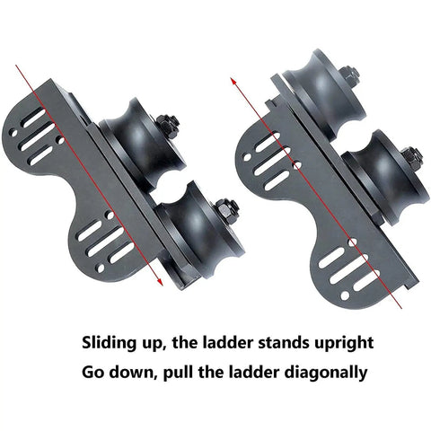 Tough As Nails Sliding Barn Door Hardware Kit With Ridiculously Smooth Rolling Steel Tube Rail and Heavy Duty Floor Casters For Indoor Loft Home Makeover showing ladder pulley blocks.