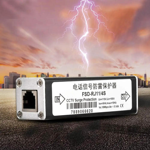 RJ11 Telephone And Fax Surge Protector With 110V Thunder Arrester And 10cm Ground Wire, metal casing, for phone line protection.