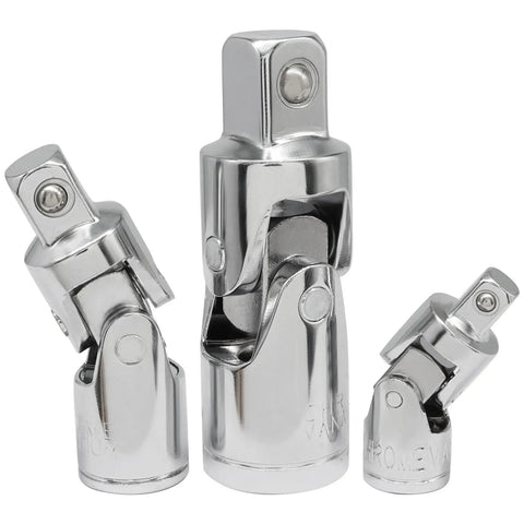 Three-piece Universal Joint Socket Set with Ball Spring Design, chrome vanadium steel, one-quarter to one-half inch adapters, silver finish