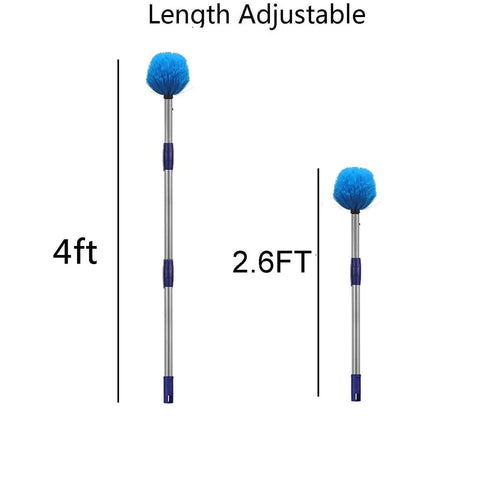 Image showing Stainless Steel Pole Cobweb Duster With 4Ft Extendable Reach And Medium Stiff Bristles in extended and compact forms.