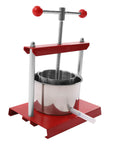 Heavy Duty Stainless Steel Fruit Wine Press 0.8 Gallon Manual Juice Maker For Apples Grapes Berries with red handle.