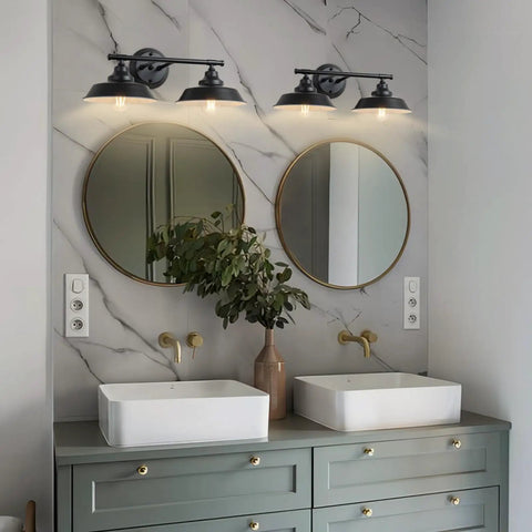 Two Light Matte Black Bathroom Vanity Light Bar For Mirror Dope Farmhouse Rustic Industrial Style Easy Install Wall Sconce E26 Bulbs Compatible 21 Inch Wide Modern Durable Metal Fixture above double vanity with dual mirrors.