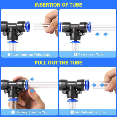 Solid 40 Pack Of Push To Connect Air Fittings Kit With Quick Release Couplers For Pneumatic Hoses Including Straight Unions, Elbows, Tees, And Y Splitters Perfect For 5/16 Inch OD Piping Tubing Systems. black T-fitting with tube insert and release steps for pneumatic hose