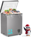 Compact Chest Freezer With Hella Spacious 3.5 Cu Ft Storage And Dang Quiet Cooling Plus Easy Peasy Temp Controls And Solid Grey Frame showing filled with food.