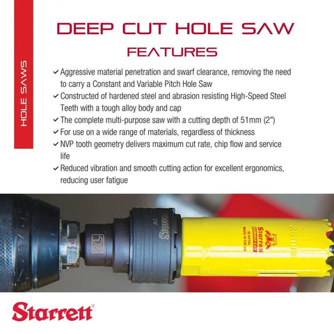 Bi-Metal Deep Cut Hole Saw With Arbor For Beastly Fast Cuts In Metal, Steel And Wood, close-up view of saw and packaging.