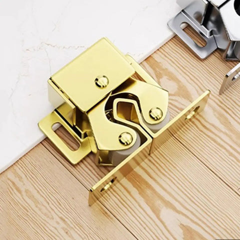 Six Pack Heavy Duty Metal Double Ball Roller Catch For Cabinet And Wardrobe Door close-up on gold latch details.