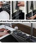Stainless Steel 304 Kitchen Sink with Removable Faucet 75x46x22cm Double Design showing pull-out faucet with 3 spouting modes.