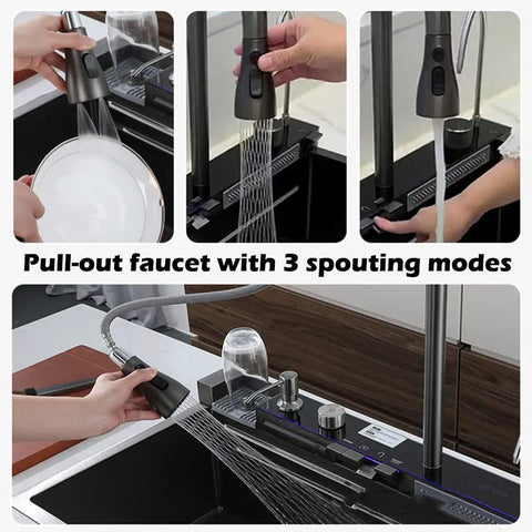 Stainless Steel 304 Kitchen Sink with Removable Faucet 75x46x22cm Double Design showing pull-out faucet with 3 spouting modes.