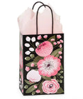 Moonlit Blooms Rose Size Paper Shopping Bags 5.5 By 3.25 By 8.5 Inches 200 Pack Eco Friendly White Kraft Gift Bags With Pink White Flowers And Green Leaves