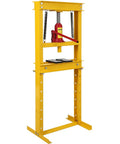Heavy Duty 12 Ton Hydraulic Shop Press with bright yellow frame and red hydraulic jack, ideal for auto repair and metal straightening.