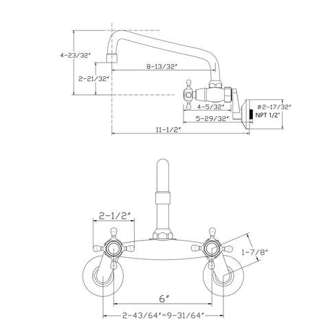 Technical drawing of Wall Mount Kitchen Faucet With Adjustable 3 To 9 Inch Spread, 2 Cross Handles, Chrome Finish, 1.8 GPM Flow