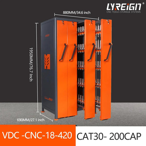 Heavy Duty Vertical Tool Holder Cabinet With Cushioned Drawers For CNC Rig Organization Shop Floor Essentials Scratch Resistant Steel Garage Keeper No Nonsense Storage, orange and grey, 1950mm tall, 880mm wide.