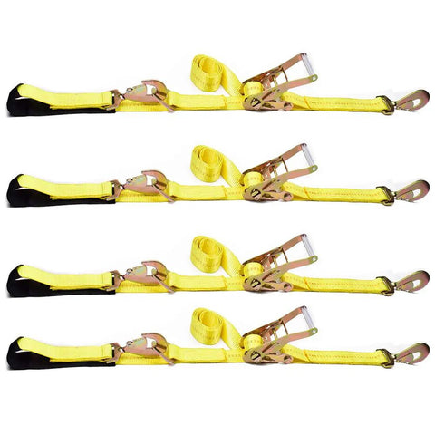 Beefy Heavy Duty Axle Tie Down Straps Kit With Ratchet And Snap Hooks And Floating D Ring, 2 Inch By 114 Inch, 4 Pack, Classic Yellow, 10000 Lb Break Strength, 3300 Lb Safe Working Load