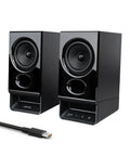 Black Desktop Speaker System with 2.75 Inch Full Range Drivers and Bluetooth 6.0, showing easy tap controls and USB-C cable